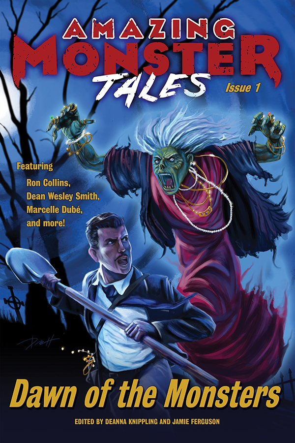 Retro pulp cover for “Dawn of the Monsters” showing trolls, goblins, vampires, and more.